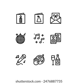 Party-Icon gesetzt. Enthält Symbole wie Einladungskarte, Musik, Mikrofon, Getränke und mehr. Geburtstag Outline-Symbol Kollektion. einfache Vektorillustration