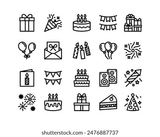 Party icon set. Includes icons such as cake, gifts, balloons, fireworks and more. Birthday Outline icon collection. simple vector illustration