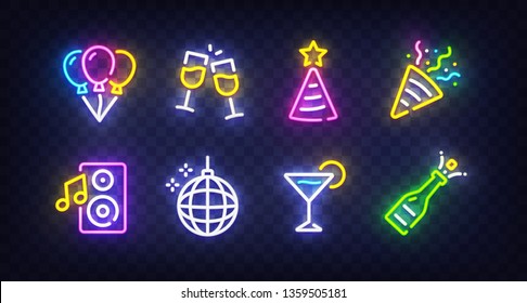 Party Icon Set Isolated. Party Neon Sign. Balloon, Champagne, Hat, Speaker, Disco Ball, Cocktail, Flapper, Gift Neon Icon.