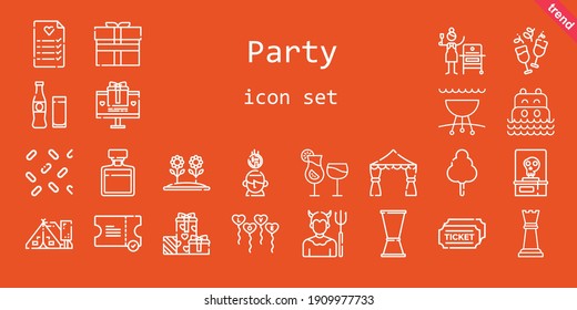 party icon set. line icon style. party related icons such as gift, cotton candy, tent, tickets, ticket, balloons, cocktails, devil, sea, flower, skeleton, wedding planning, saving, wedding arch