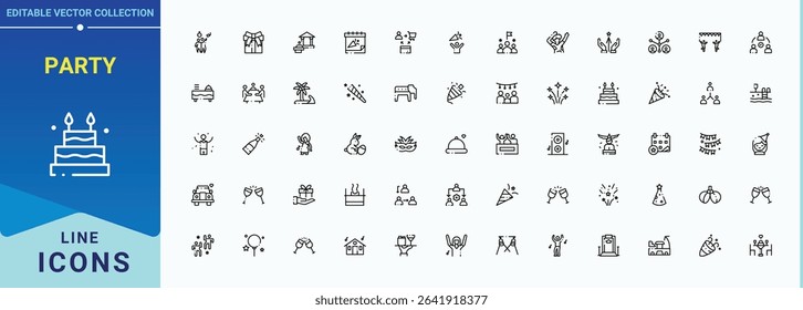 Party icon set. Modern vector illustration. Party line icon set. Contains such icons as holiday, entertainment, decoration, celebration, firework and more.