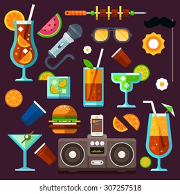 Party icon set, summer fun, cocktails and celebrations. Methods to relax: party, music, food, travel, entertainment. Vector flat icon set