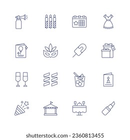 Party icon set. Thin line icon. Editable stroke. Containing air horn, birthday candle, birthday card, carnival mask, champagne, confetti, dress, gift, greeting card, lipstick, party, popsicle, spritz.