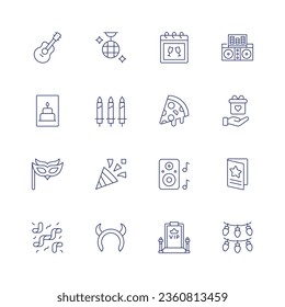 Party icon set. Thin line icon. Editable stroke. Containing acoustic guitar, birthday and party, birthday card, candles, carnival mask, confetti, devil, dj, gift, greeting card, lights, party.