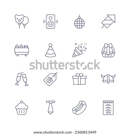 Party icon set. Thin line icon. Editable stroke. Containing balloon, buffet, cheers, cupcake, disco ball, fireworks, gift basket, gift, helmet, hot dog, menu, music box, party hat, price tag, tie.