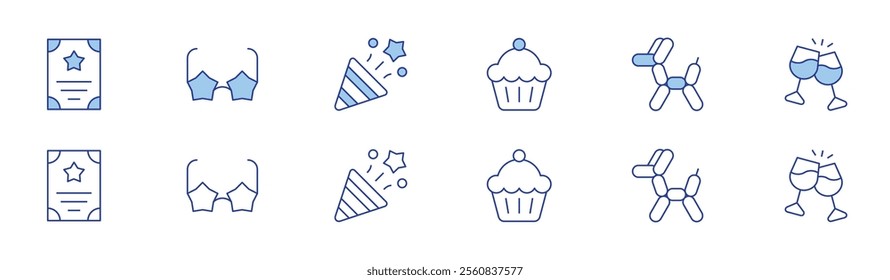 Party icon set in two styles, Duotone and Thin Line style. Editable stroke. cupcake, balloon dog, cheers, poster, star glasses, confetti.