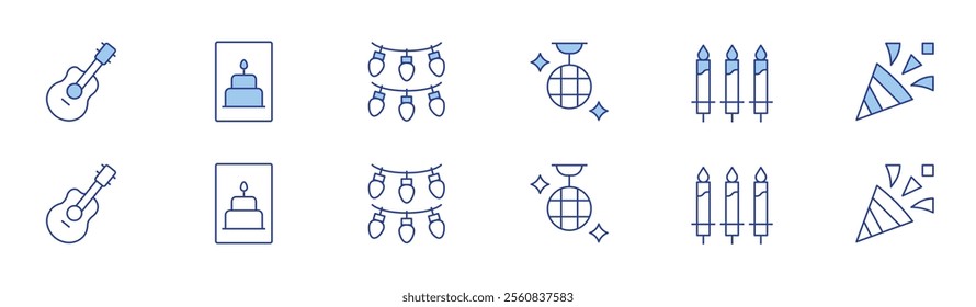 Party icon set in two styles, Duotone and Thin Line style. Editable stroke. acoustic guitar, birthday and party, birthday card, candles, confetti, lights.