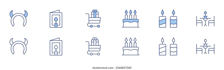 Party icon set in two styles, Duotone and Thin Line style. Editable stroke. devil, birthday cake, birthday card, candles, cart, dinner.