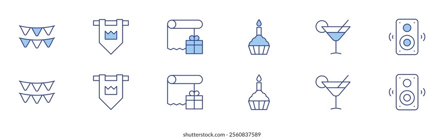 Party icon set in two styles, Duotone and Thin Line style. Editable stroke. birthday, cocktail, garland, kingdom, music box, gift wrap.