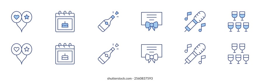 Party icon set in two styles, Duotone and Thin Line style. Editable stroke. balloon, birthday, champagne, gift, microphone, party.