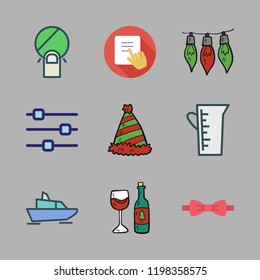 party icon set. vector set about settings, hat, wine glass and cup icons set.