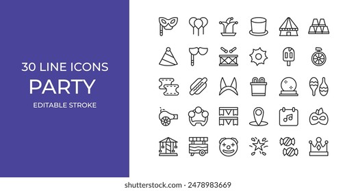 Party icon set vector illustration stroke editable. ice cream, drums, calendar and more