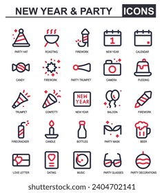 party icon set.new year vector.line color style.contains bottles,drinks,masks,beer,drinks,invitation letters,love,dinner,music,party glasses,disco lights.suitable for parties.
