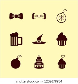 party icon. party vector icons set beer glass, black bow tie, cupcake and cupcake heart
