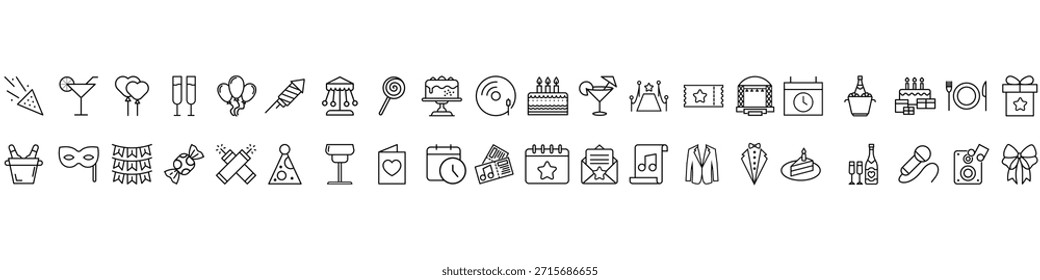 Vektorsatz für Partysymbole. Sammlung von Ereignisillustrationszeichen. Geburtstagssymbol Feier-Logo. Design für Web.