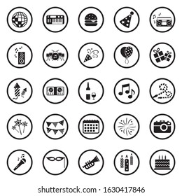 Party Icons. Black Flat Design In Circle. Vector Illustration.