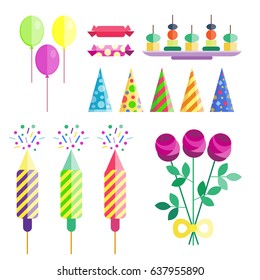 Party icons celebration happy birthday surprise decoration cocktail event anniversary vector.