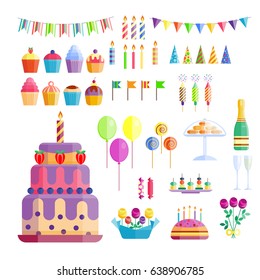Party icons celebration happy birthday surprise decoration cocktail event anniversary vector.
