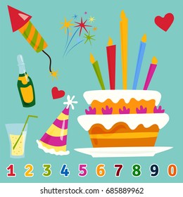 Party icons celebration happy birthday surprise decoration cocktail event anniversary vector.