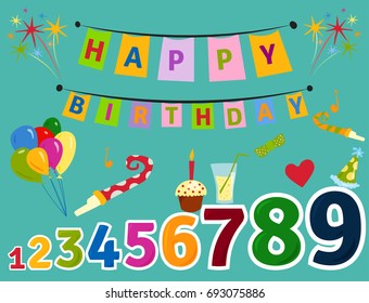 Party icons celebration happy birthday surprise decoration cocktail event anniversary vector.