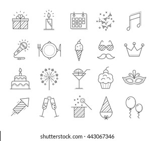 Party icons. Celebration vector illustration. Thin line icons for party