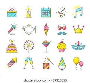 Party icons. Celebration vector illustration. Thin line icons for party