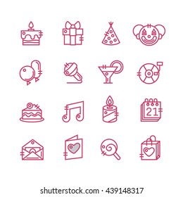 Party icons and celebration Icons with white background, simple and thin line design. cake, microphone, music, cocktail, clown, gift, dj, balloons, calendar, card, candy, package, pink
