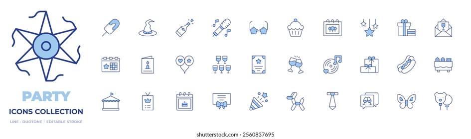 Party icons collection. Line Duotone style, editable stroke. tie, balloon dog, cheers, music, balloon, birthday, gift, party, poster, confetti, loyalty, greeting card, tent.