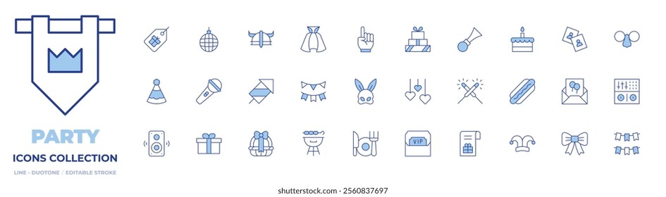 Party icons collection. Line Duotone style, editable stroke. decoration, cutlery, vip, fireworks, gift box, rabbit mask, bbq grill, bunting, microphone, gift basket, gift, music box, party hat.