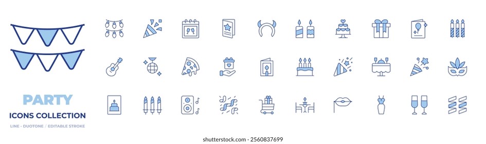 Party icons collection. Line Duotone style, editable stroke. acoustic guitar, birthday and party, birthday card, candles, pizza slice, speaker, confetti, gift, birthday cake, cart, dinner.