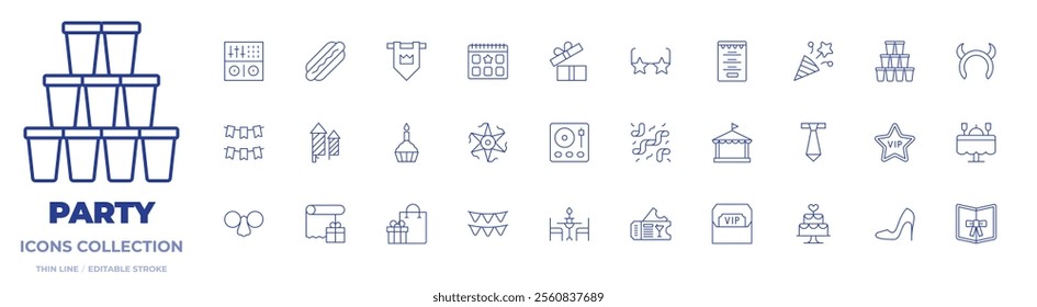 Party icons collection. Thin Line icons, editable stroke. birthday, calendar, confetti, dj, fireworks, garland, glasses, hot dog, kingdom, open box, pinata.