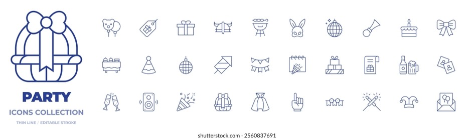 Party icons collection. Thin Line icons, editable stroke. balloon, bbq grill, buffet, bunting, disco ball, fireworks, gift, helmet, party hat, party, price tag, rabbit mask.