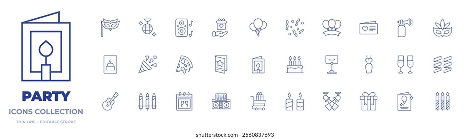 Party icons collection. Thin Line icons, editable stroke. air balloons, birthday and party, birthday cake, birthday card, carnival mask, confetti, gift, greeting card, pizza slice, speaker.