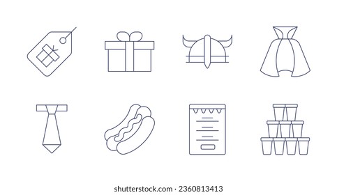 Party icons. editable stroke. Containing cloak, cups, gift, helmet, hot dog, menu, price tag, tie.