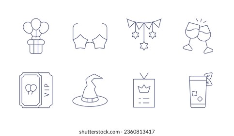 Party icons. editable stroke. Containing cheers, cuba libre, hanukkah, loyalty, present, star glasses, ticket, witch hat.