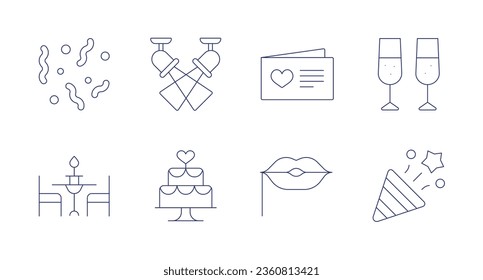 Party icons. editable stroke. Containing champagne, confetti, dinner, greeting card, lips, spotlight, wedding cake.