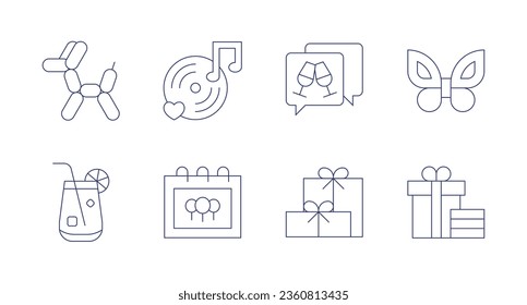 Iconos de la fiesta. trazo editable. Con globo de perro, laguna azul, hada, regalo, música, fiesta, regalo.
