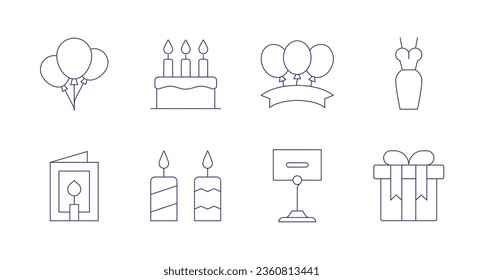 Party icons. editable stroke. Containing air balloons, birthday cake, birthday card, candles, dress, gift, party, place card.