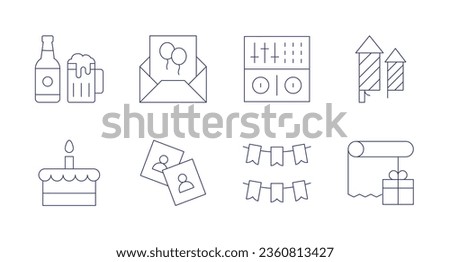 Party icons. editable stroke. Containing beer, cake, dj, fireworks, garland, gift wrap, online, photos.