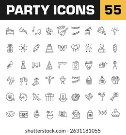Iconos de fiesta. Conjunto de Vector de celebración de eventos. Fiesta para celebrar el signo. Conjunto de iconos de línea de evento. 