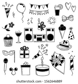 Party icons. Funny birthday disco music party symbols sweets cakes and drinks vector silhouettes