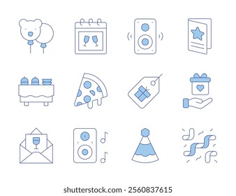 Party icons. Line Duotone style, editable stroke. party, pizza slice, speaker, invitation, balloon, buffet, music box, party hat, price tag, confetti, gift, greeting card.