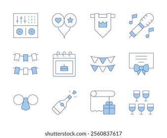 Party icons. Line Duotone style, editable stroke. dj, garland, glasses, kingdom, gift wrap, balloon, birthday, champagne, gift, microphone, party.