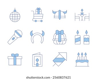 Party icons. Line Duotone style, editable stroke. microphone, disco ball, fireworks, gift basket, gift, helmet, devil, birthday cake, birthday card, candles, cart, dinner.