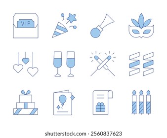 Party icons. Line Duotone style, editable stroke. decoration, vip, fireworks, gift box, gifts, horn, birthday candle, carnival mask, confetti, birthday card, champagne.