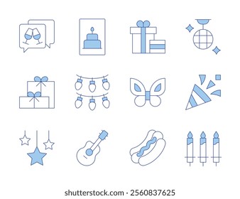 Party icons. Line Duotone style, editable stroke. acoustic guitar, birthday and party, birthday card, candles, confetti, lights, hot dog, fairy, gift, party, present, stars.