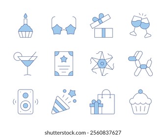 Party icons. Line Duotone style, editable stroke. birthday, cocktail, open box, pinata, shopping bag, music box, cupcake, balloon dog, cheers, poster, star glasses, confetti.