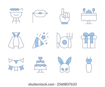 Party icons. Line Duotone style, editable stroke. cutlery, number one, rabbit mask, bbq grill, bunting, cloak, wedding dinner, confetti, dress, gift, lips, wedding cake.