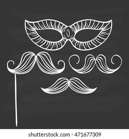 Party icons with mustache and mask using doodle art on chalkboard background