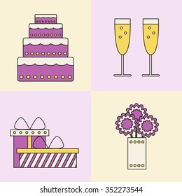 Party icons on colored background. Isolated cake, champagne glasses, gift boxes and bouquet icons. Holiday party. Christmas party. Birthday party. Wedding party. Flat line style vector illustration. 